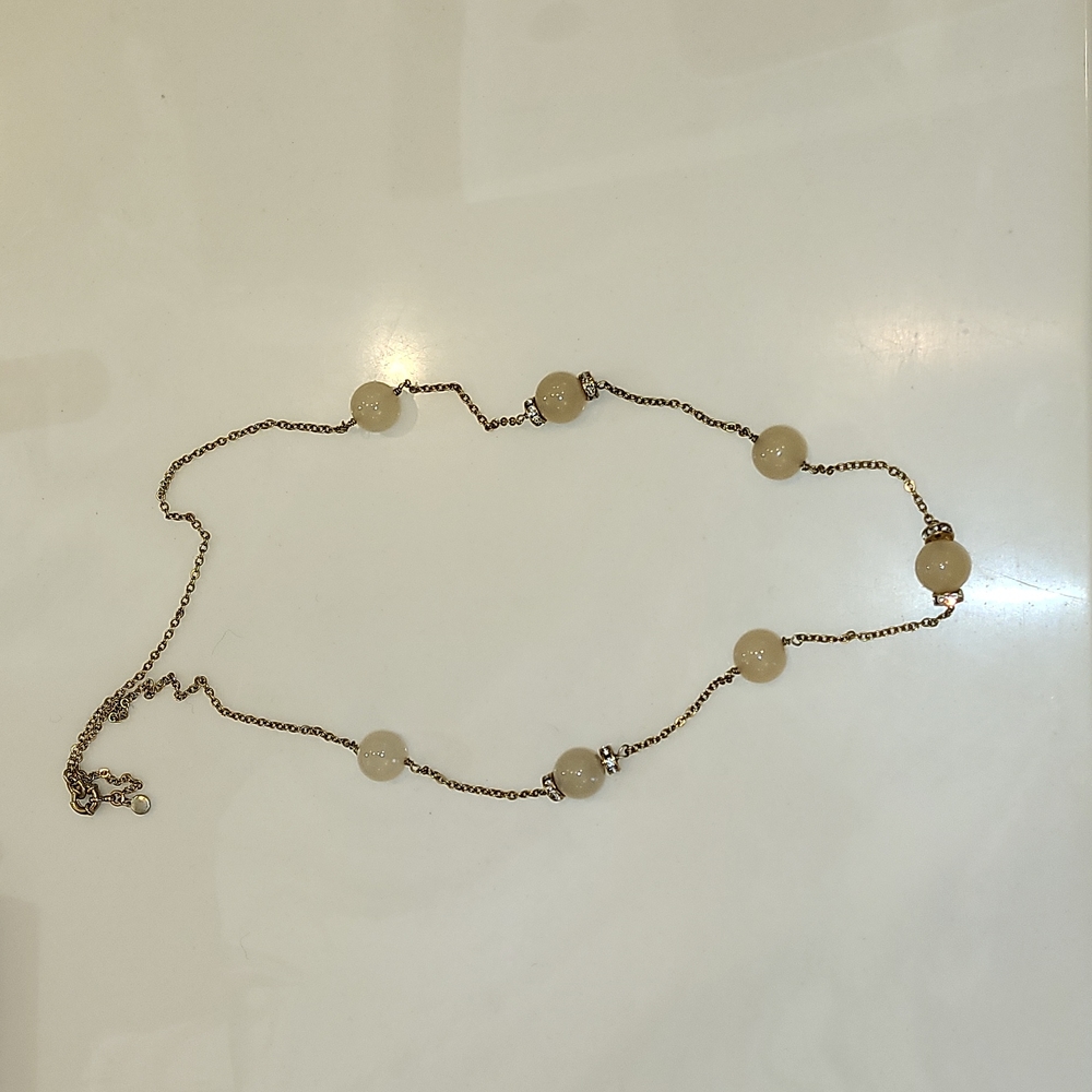 J Crew pale pink and gold beaded long necklace with crystals